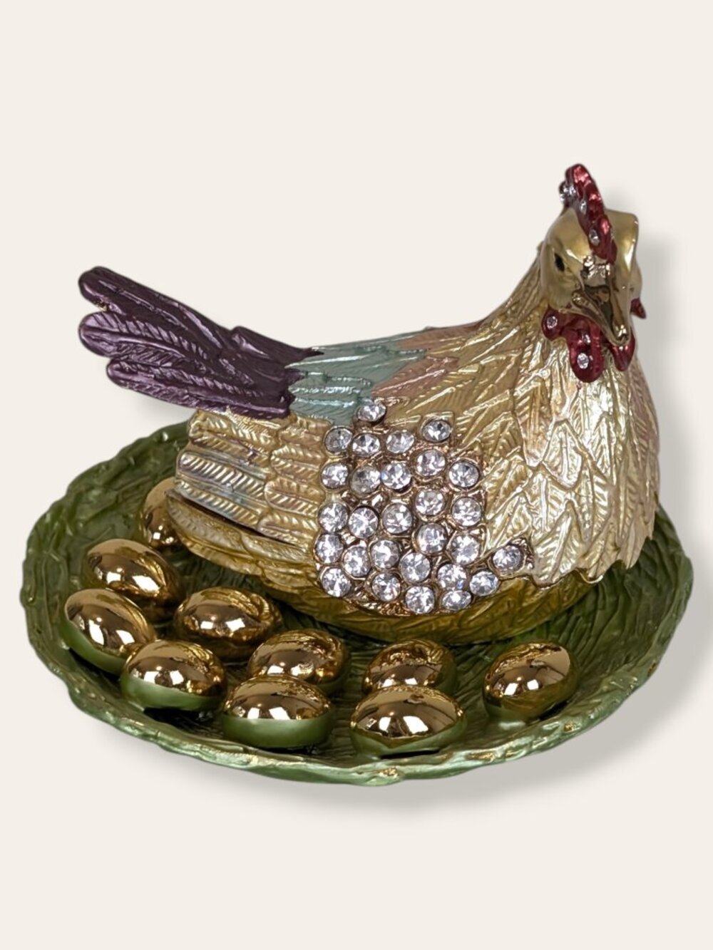 Large Metal Enamelled Hen Trinket Box